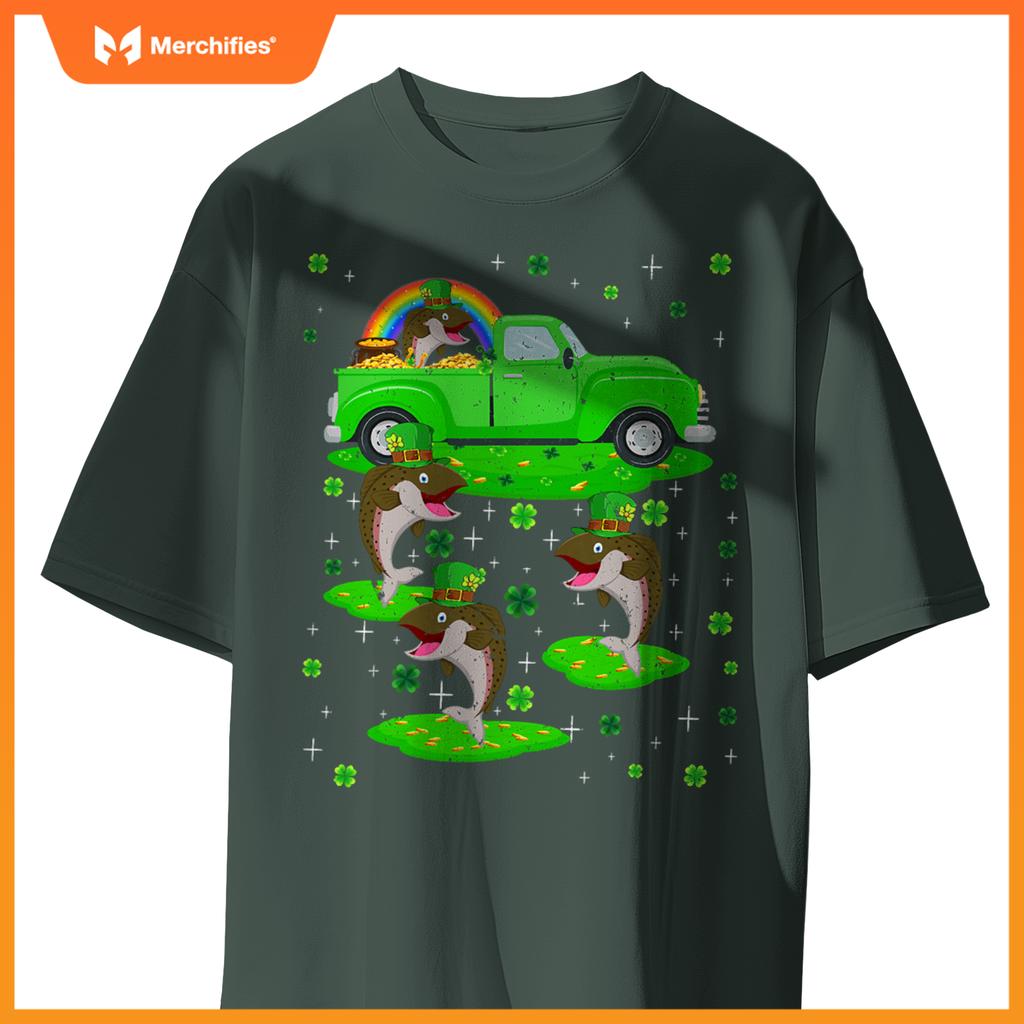 Irish Shamrock Green Truck On Salmon Fish St Patricks Day T-Shirt