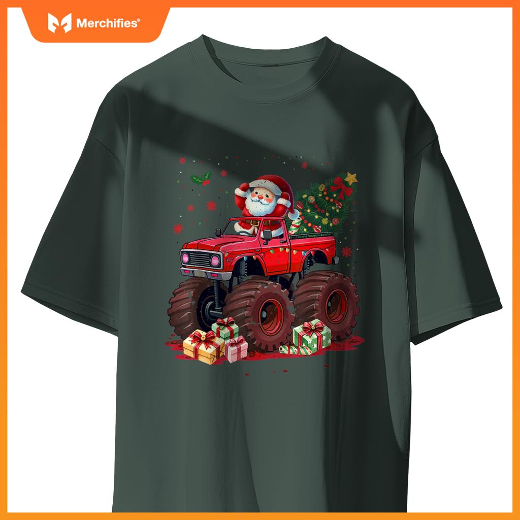 Kids Santa Monster Truck Christmas Tree Xmas Squad T-Shirt
