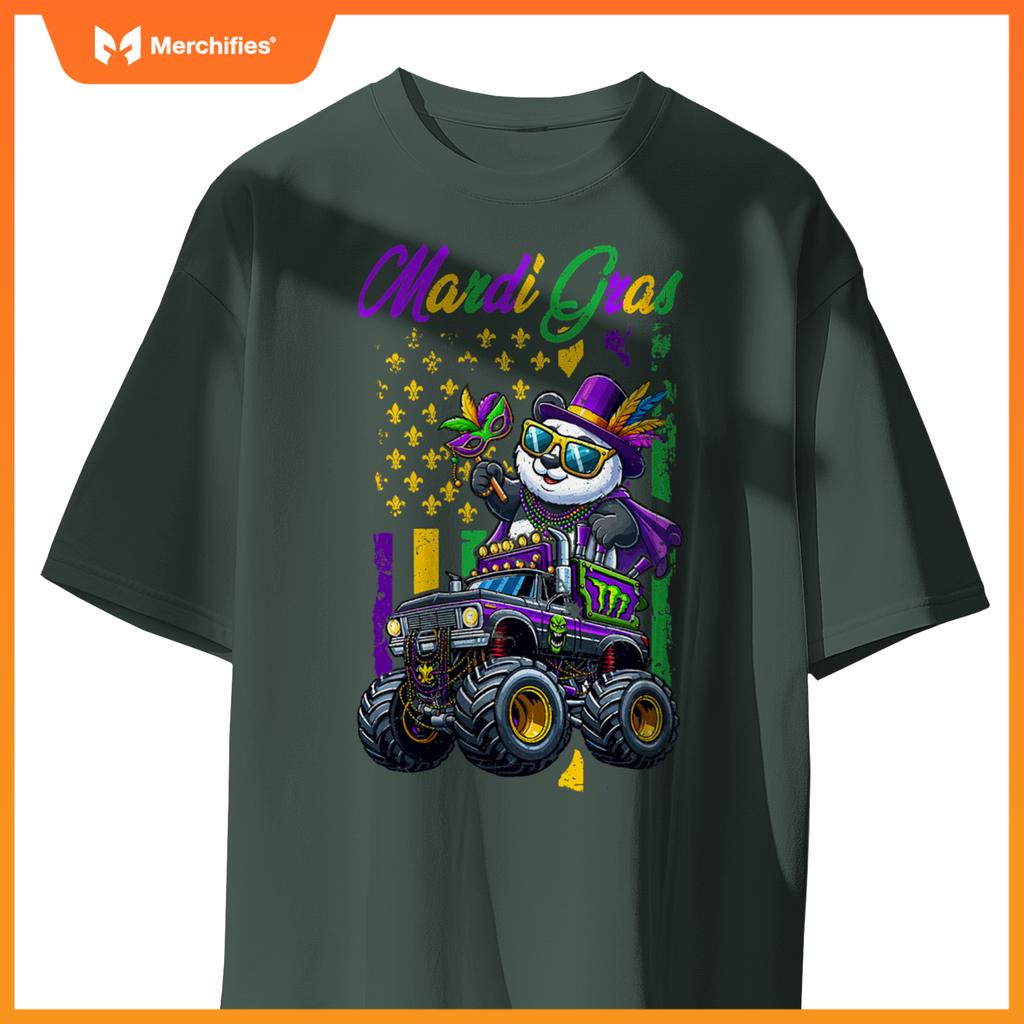 Mardi Gras Panda Sunglasses On Monster Truck Beads Masked T-Shirt
