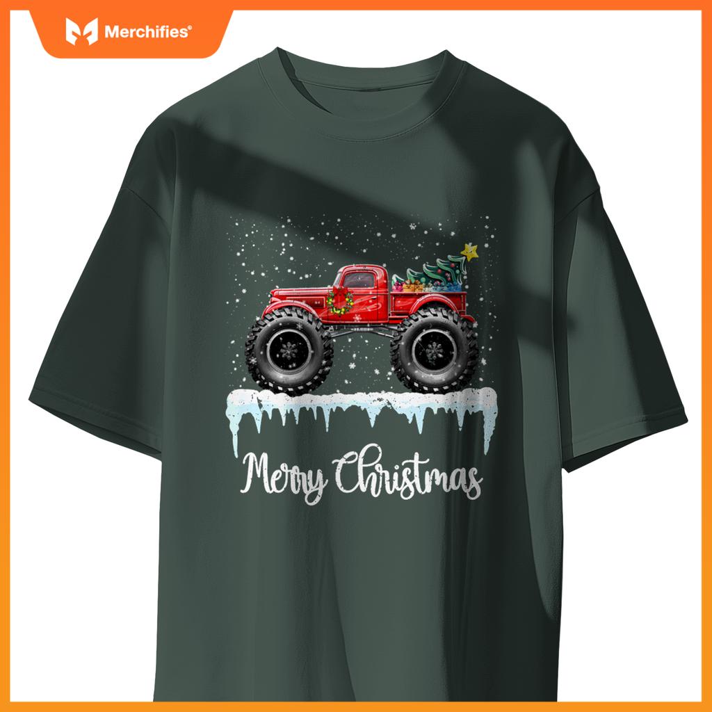 Merry Christmas Red Monster Truck Old Fashioned Xmas T-Shirt