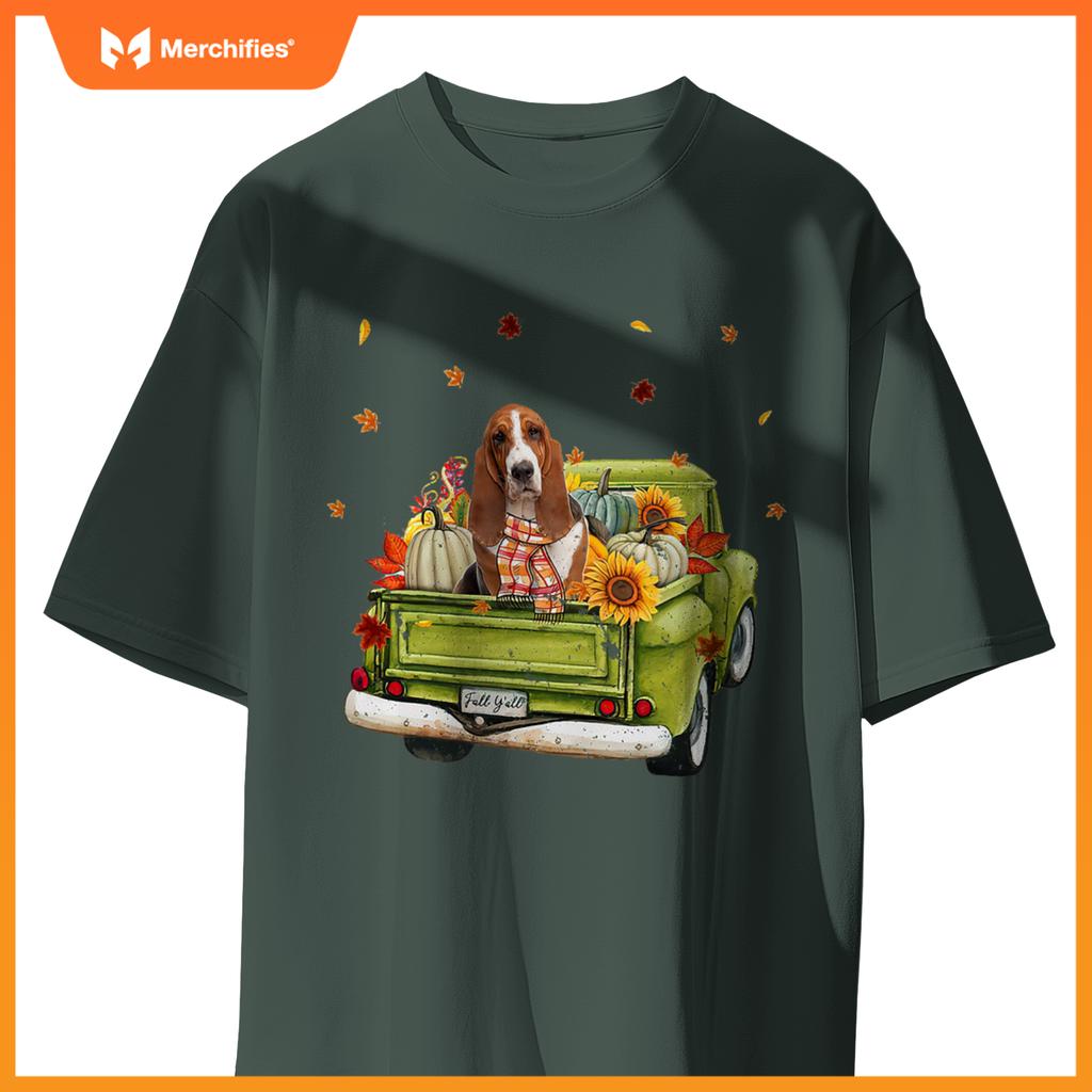 Happy Fall Yall Basset Hound Dog On Truck Pumpkin Fall T-Shirt