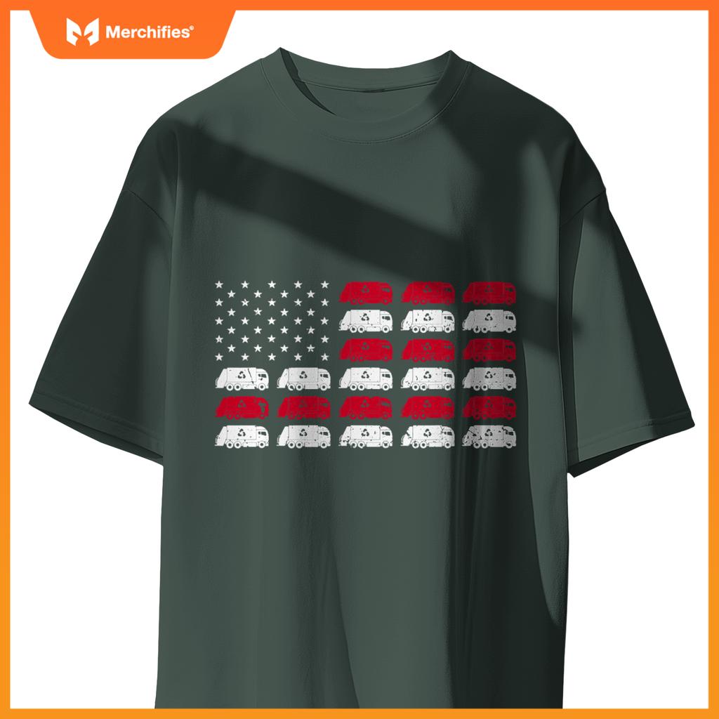 Garbage Truck USA American Flag Patriotic Men Women Boys T-Shirt