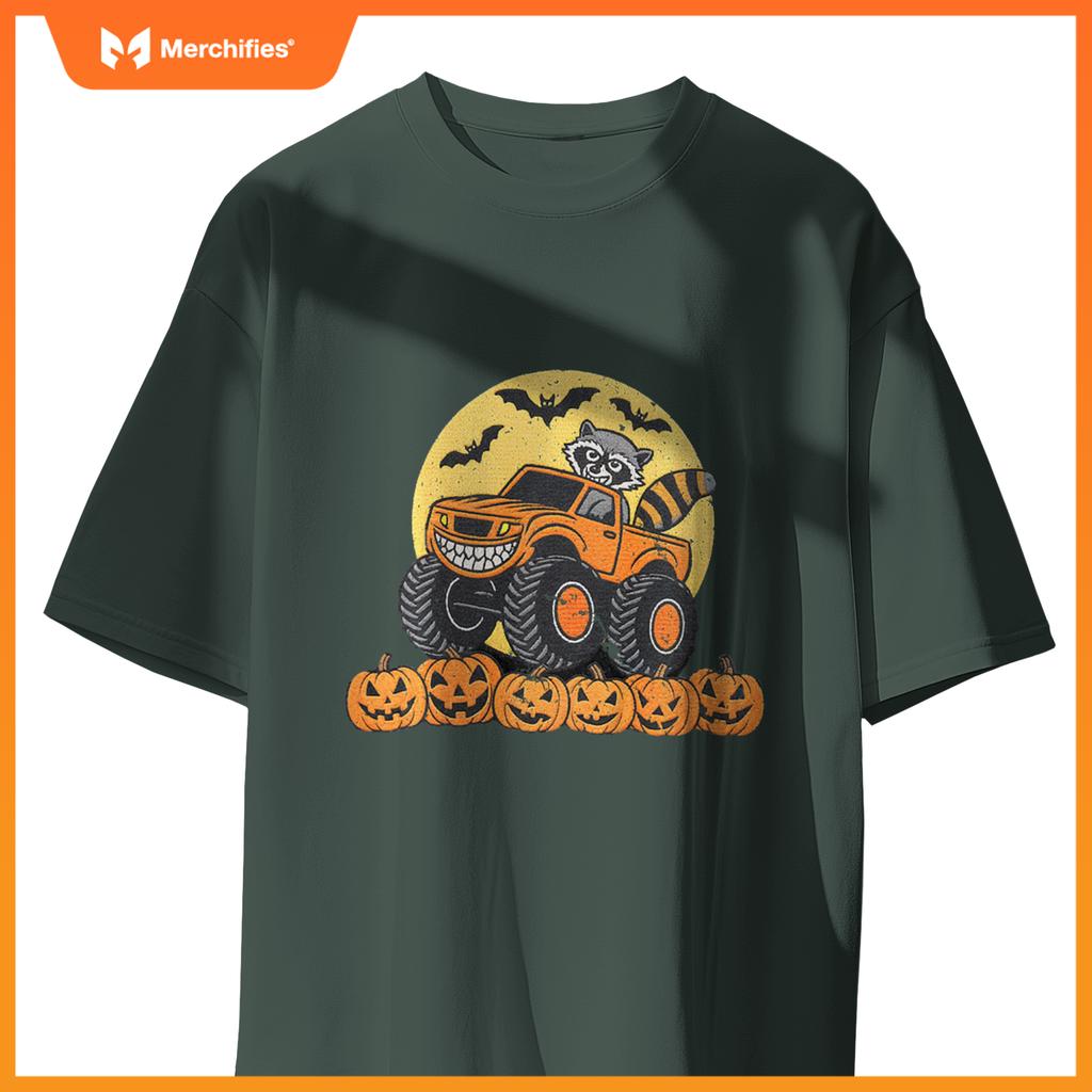 Kids Halloween Monster Truck Driven By A Raccoon School Kids T-Shirt