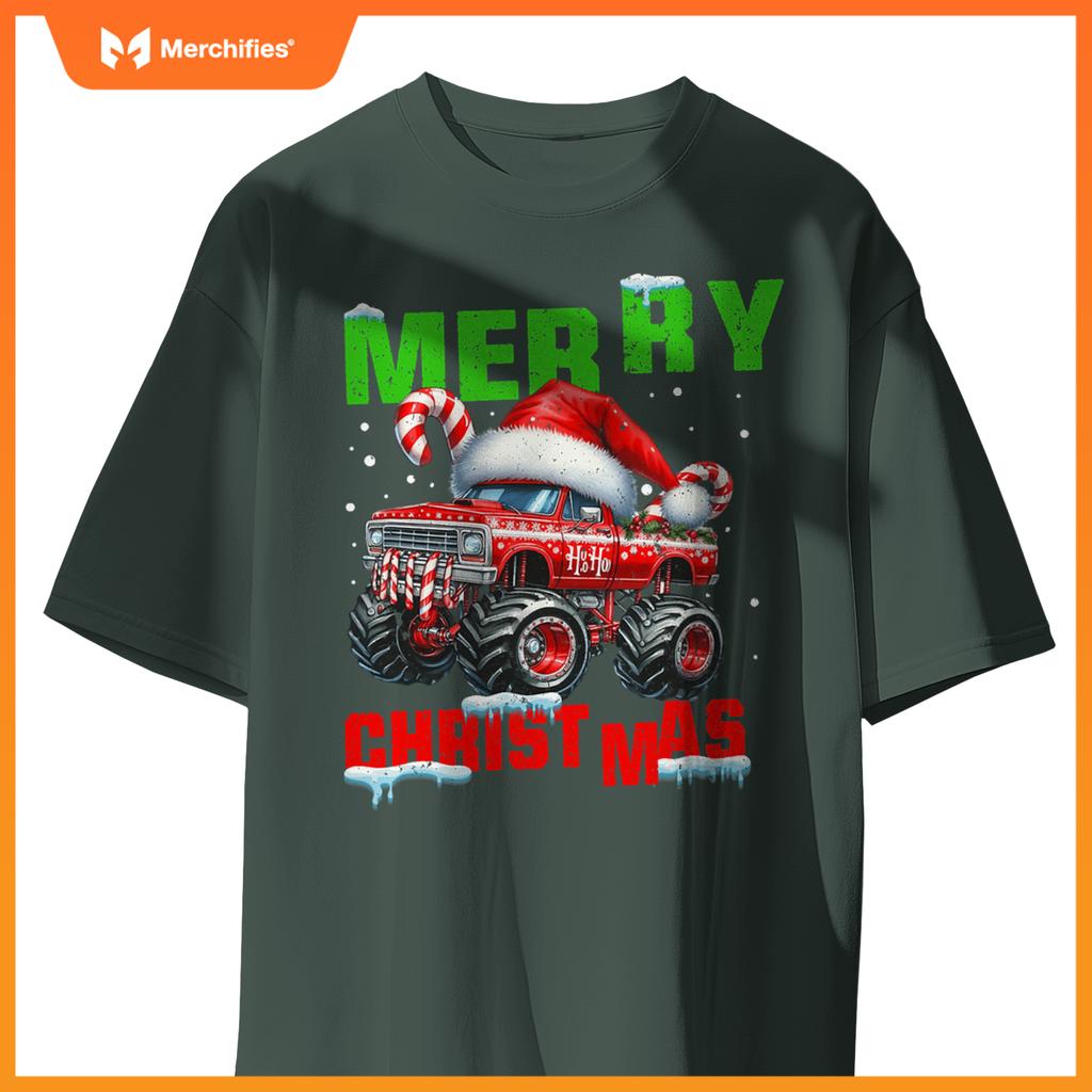 Merry Christmas Monster Truck Xmas Santa Hat Boys Kids T-Shirt