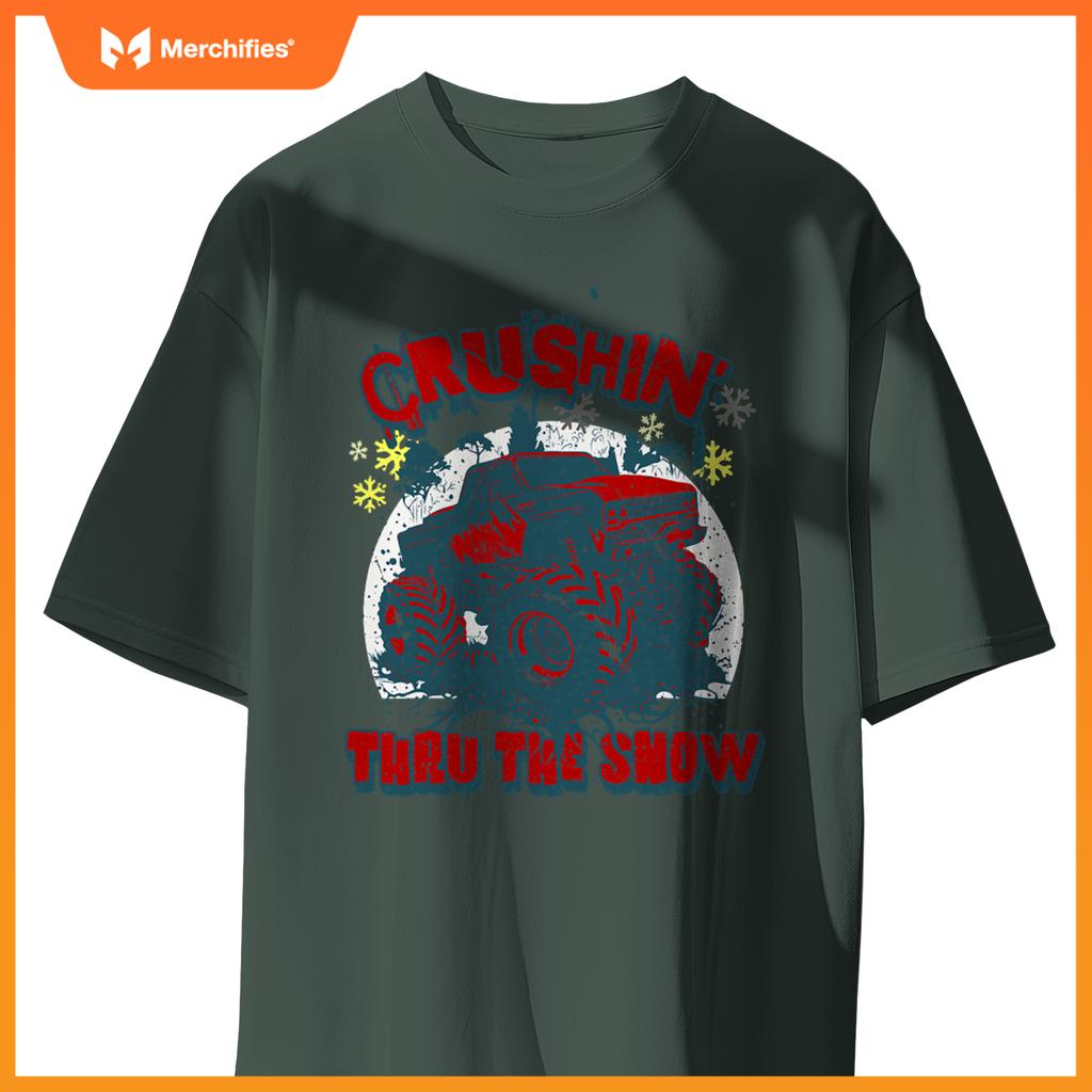 Monster Truck Crushin Thru Snow Winter Boys Man T-Shirt