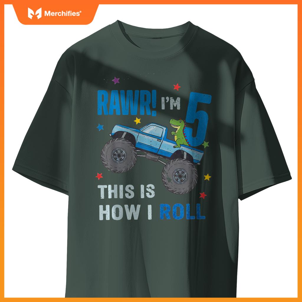Monster Truck 5 Year Old 5th Birthday Party Trex Dinosaur T-Shirt