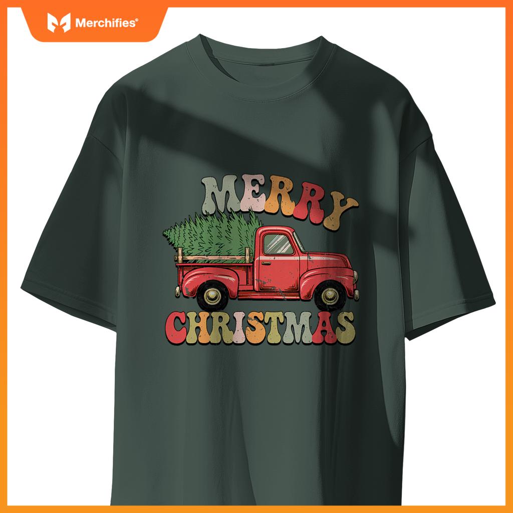 Groovy Wagon Red Car Merry Christmas Tree Truck Xmas Family T-Shirt