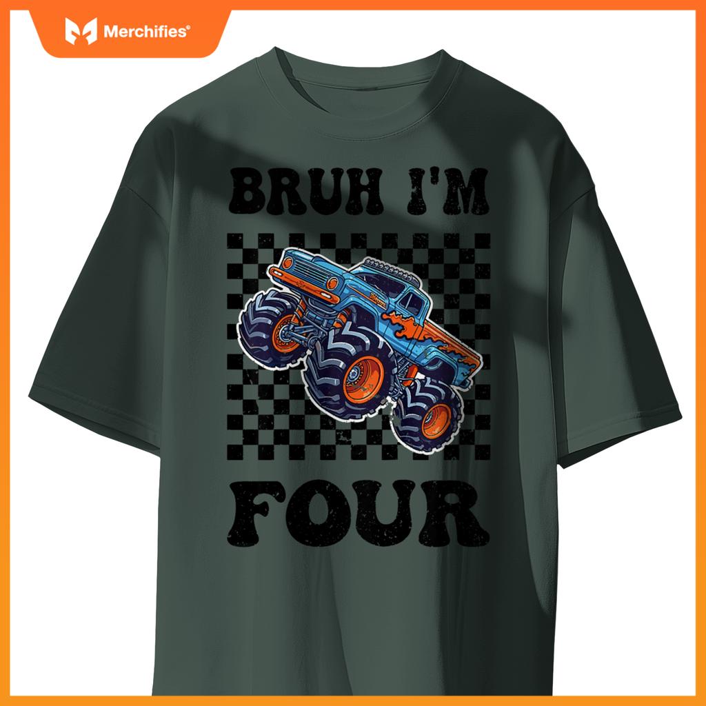 Kids 4 Years Old Boy Girl Bruh Im 4 Birthday Boys Monster Truck T-Shirt