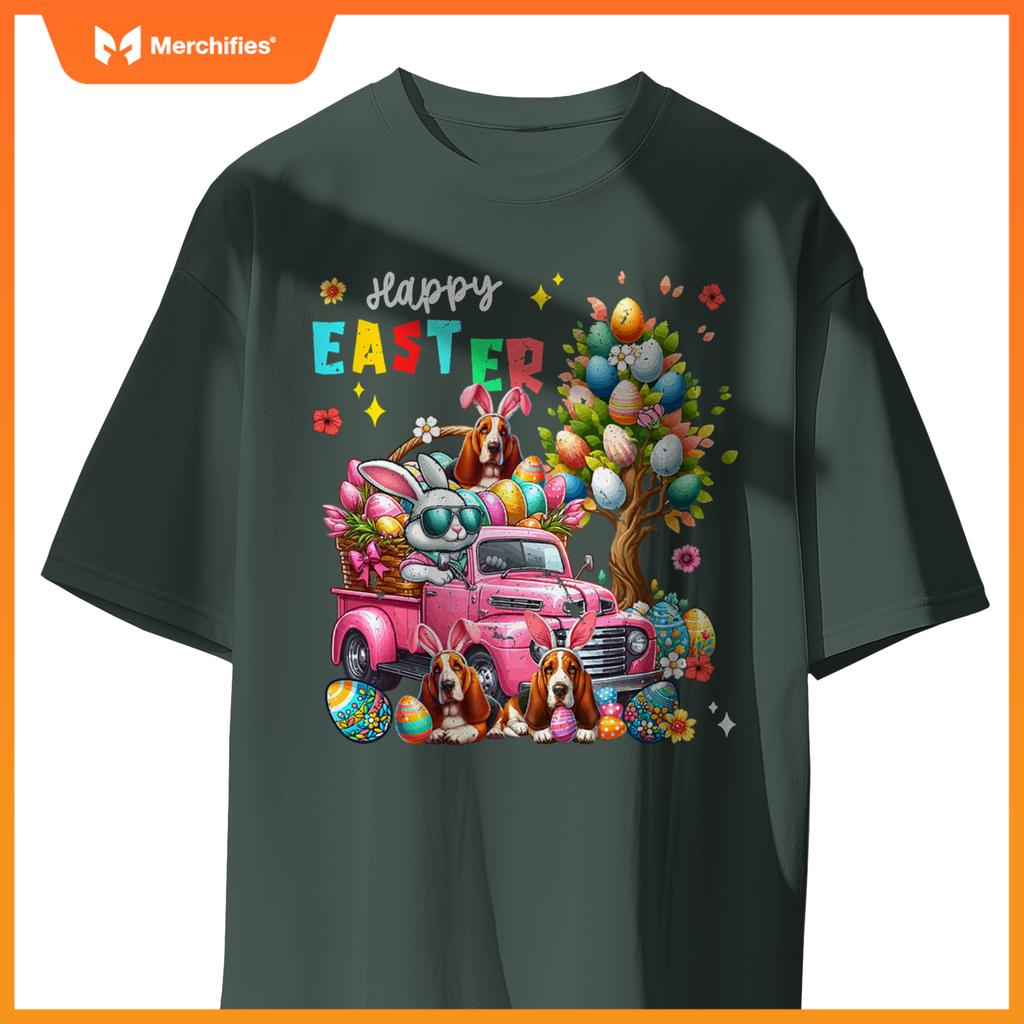 Happy Easter Three Cute Bunny Basset Hounds On Pickup Truck T-Shirt