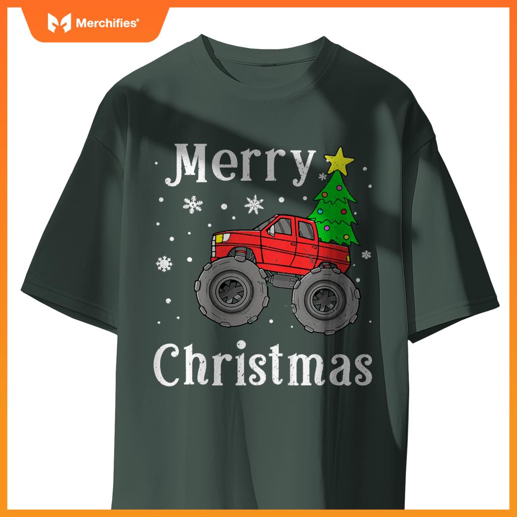Kids Boys Monster Truck Merry Christmas Tree Snowflakes T-Shirt