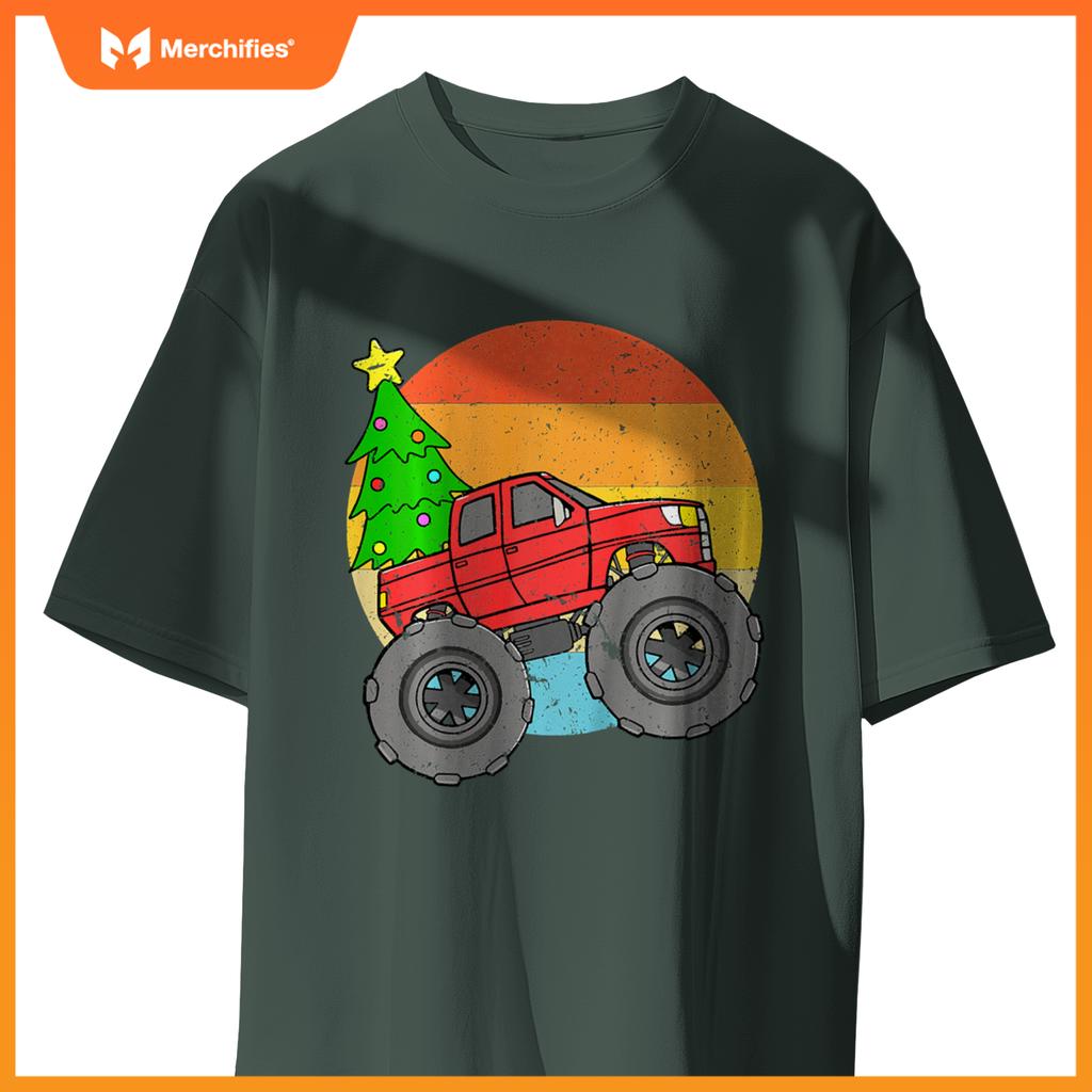 Kids Vintage Sunset Christmas Tree Monster Truck Retro Boys Girls T-Shirt