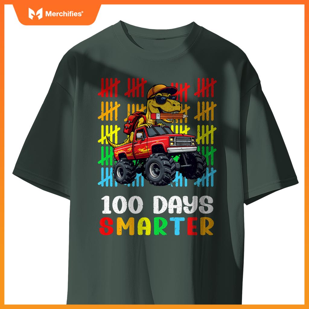 Monster Truck Dinosaur Boys 100 Days of School T-Rex Kids T-Shirt