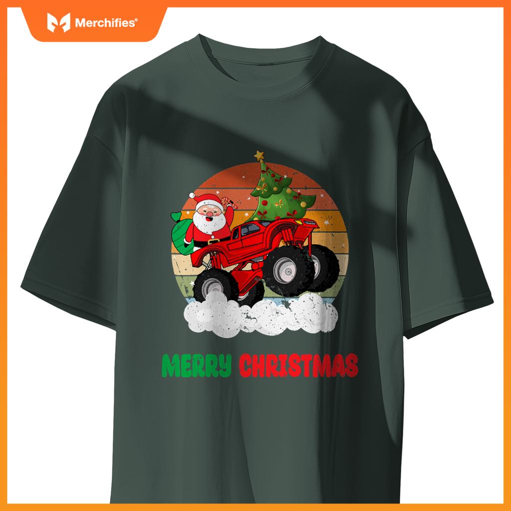 Kids Merry Xmas Santa Monster Truck Christmas Tree Light T-Shirt