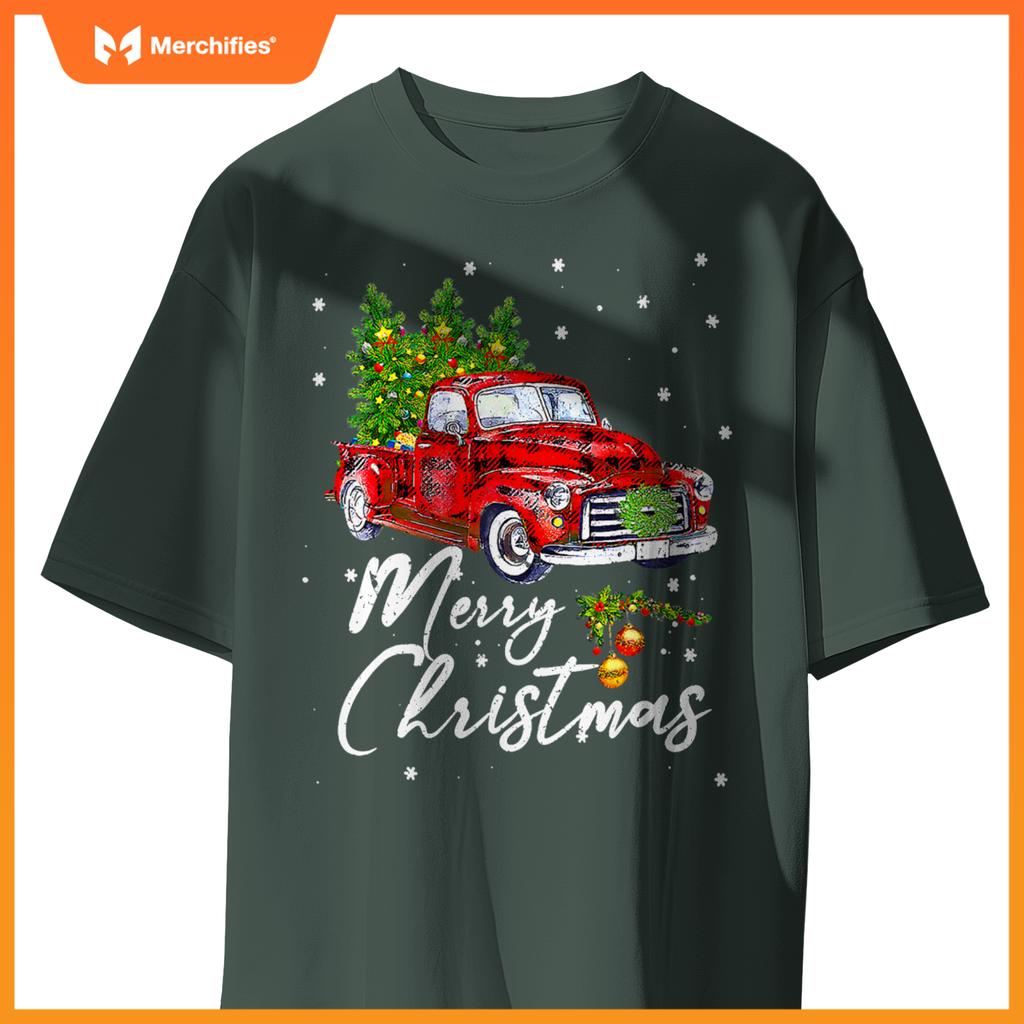 Merry Christmas Wagon Red Truck Pajama Family Party T-Shirt