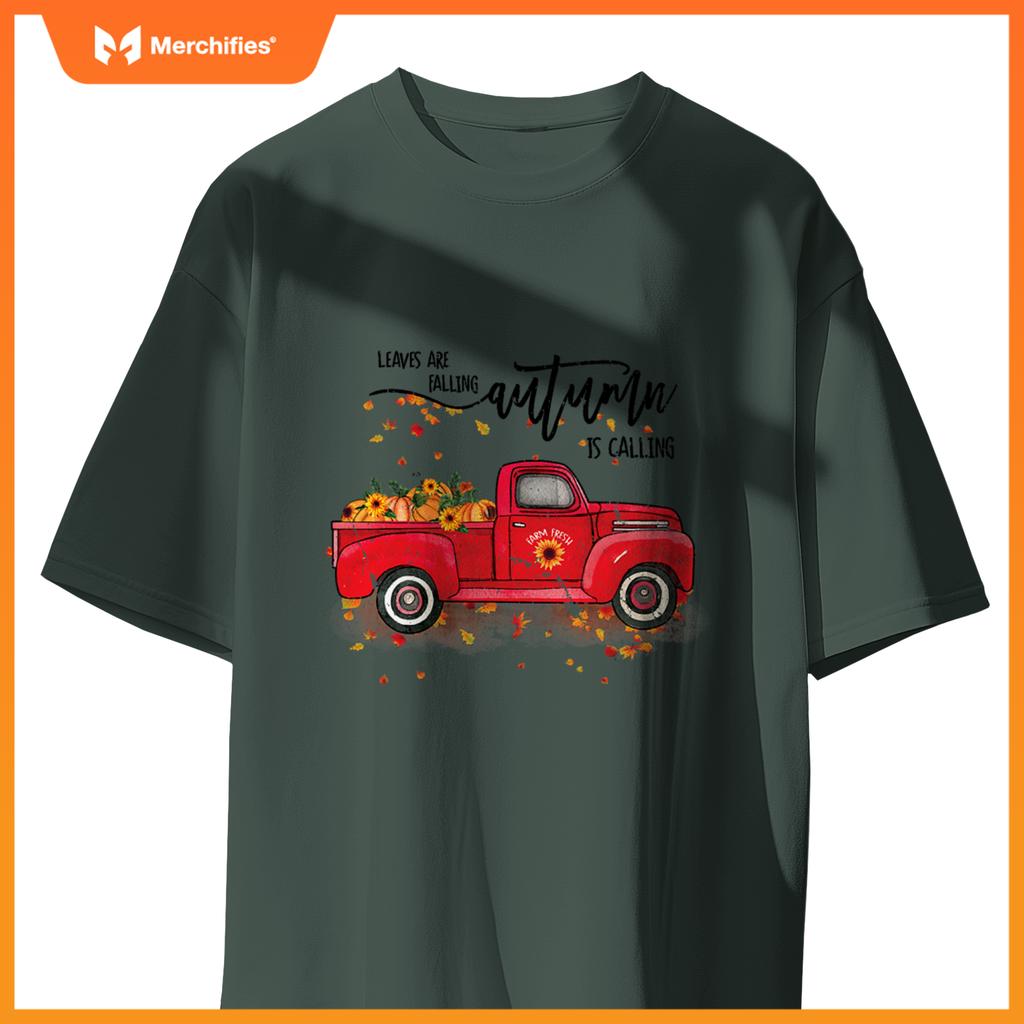 Leaves Are Falling Autumn Is Calling Red Truck Pumpkins T-Shirt