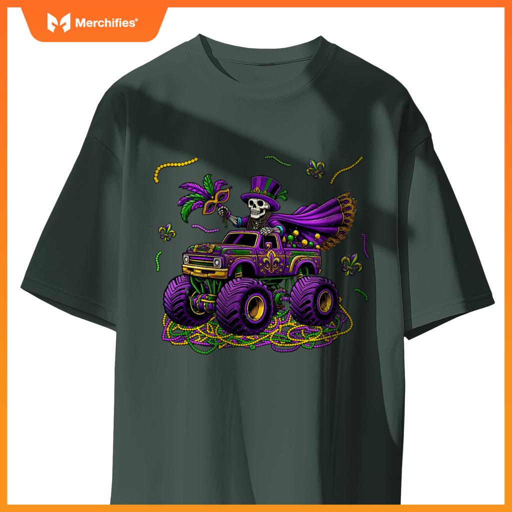 Mardi Gras Monstser Truck Skeleton Beads Mask Carnival T-Shirt