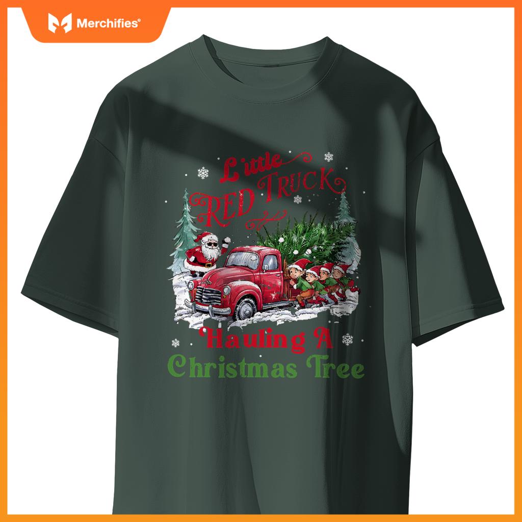 Little Red Truck Hauling A Christmas Tree Xmas Trendy T-Shirt
