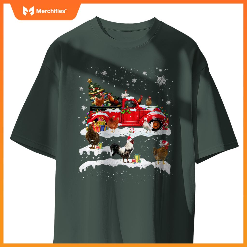 Merry Xmas Chicken Santa Hat Christmas Tree Truck Lights T-Shirt