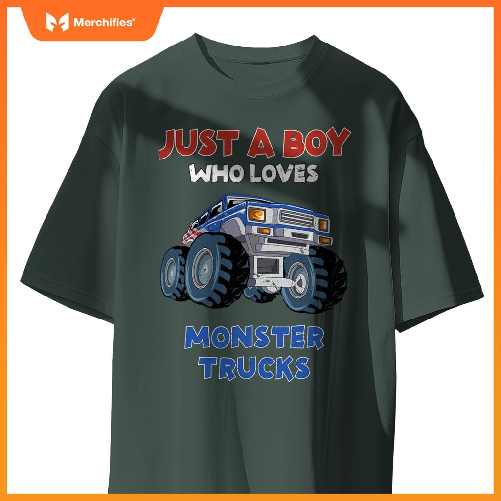 Just A Boy Who Loves Monster Trucks  Monster Truck Kids T-Shirt