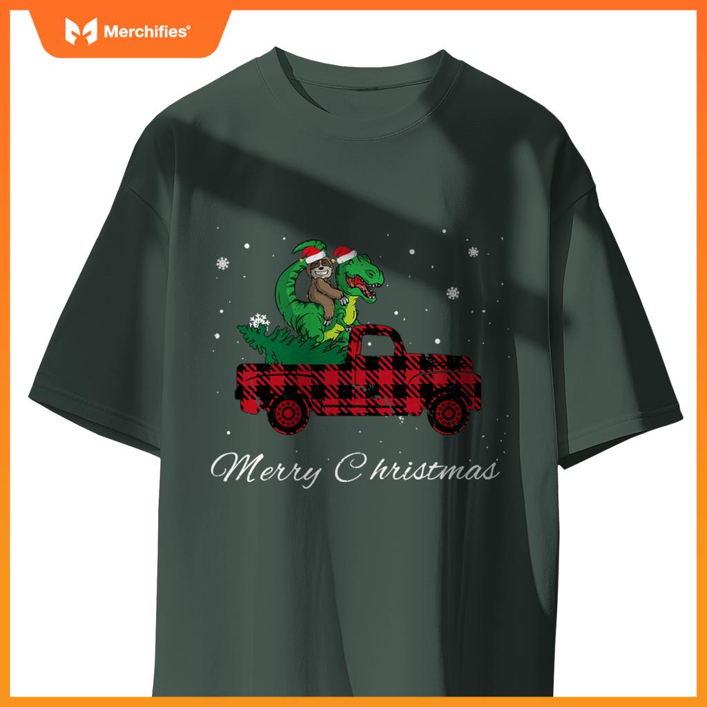 Merry Christmas Red Plaid Truck With Sloth Riding Dinosaur T-Shirt