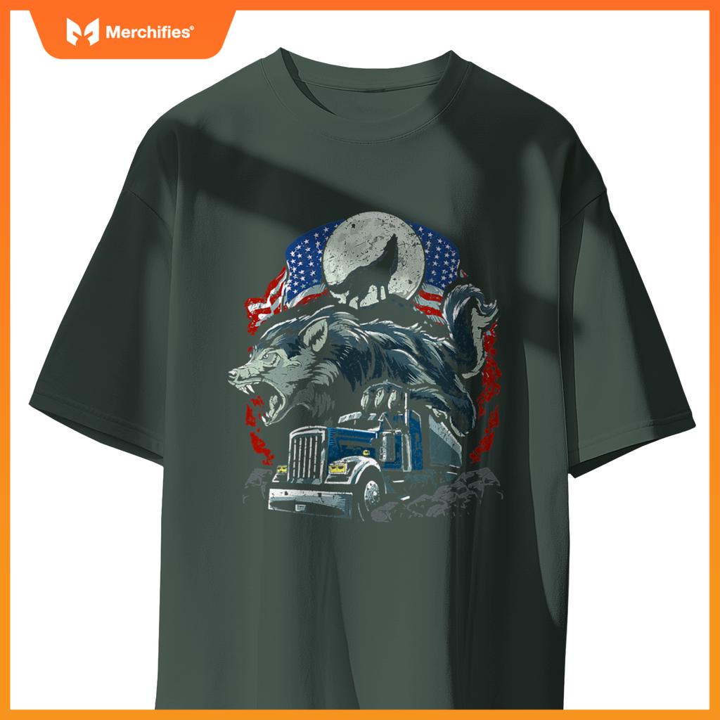 Mens Usa Flag Truck Howling Wolf American Patriotic Trucker T-Shirt