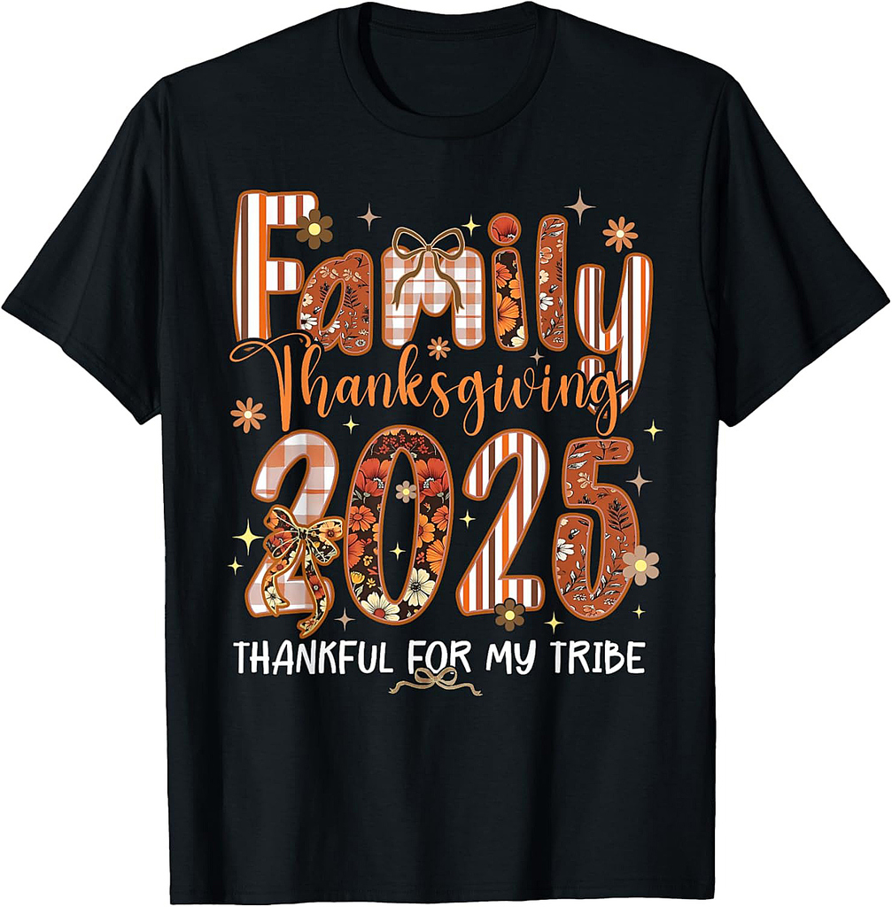 Family Thanksgiving 2025 Thankful for My Tribe Coquette Bow T-Shirt