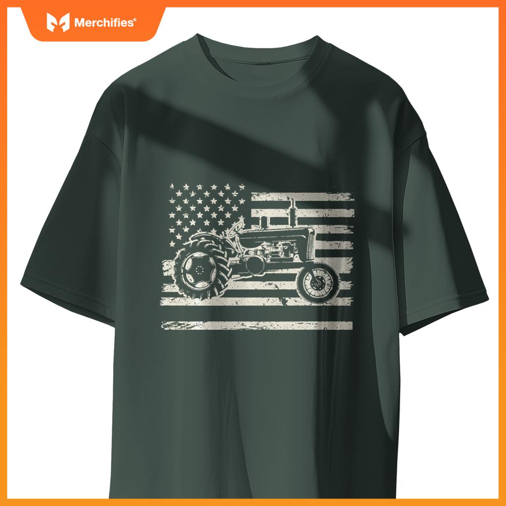Farm Tractor USA Flag Agriculture Patriotic Farming Retro T-Shirt