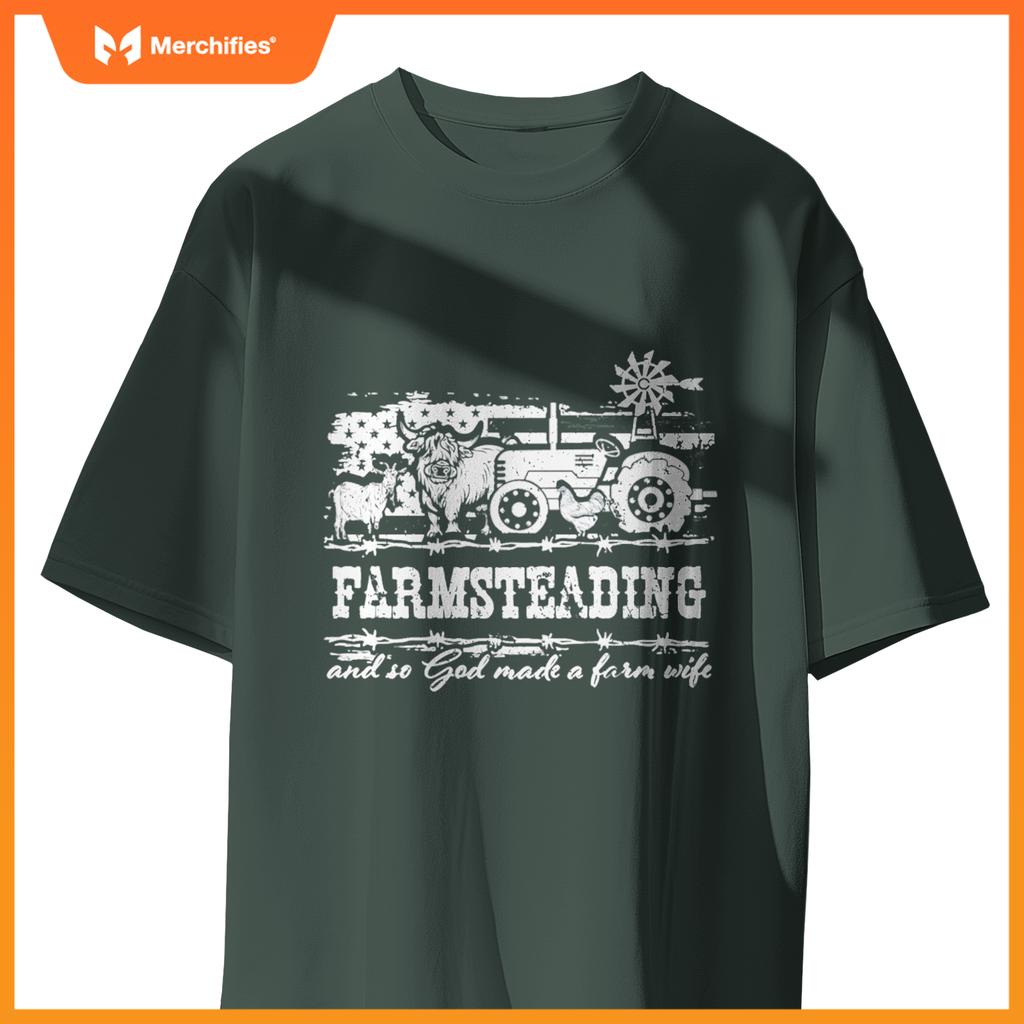 Farmsteading God Made a Farm Wife Farmer USA Flag Patriotic T-Shirt