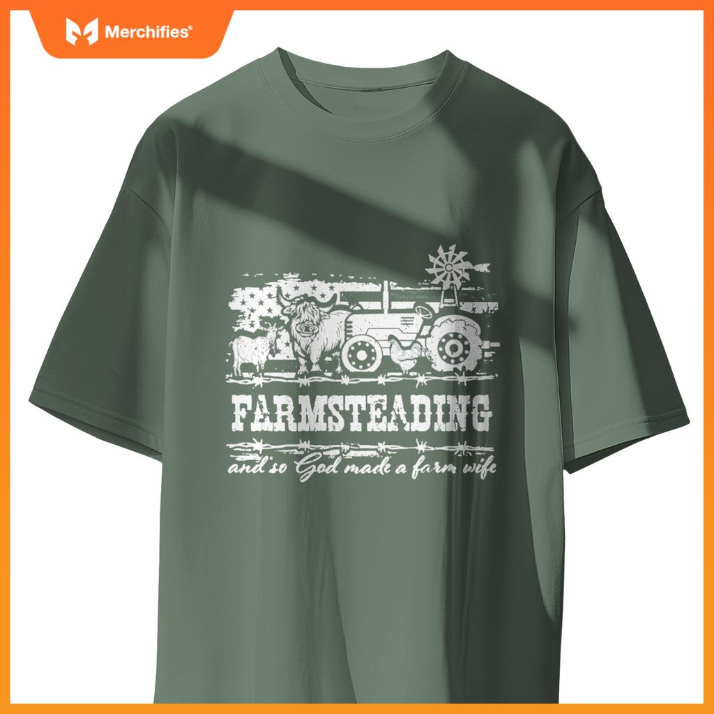 Farmsteading God Made a Farm Wife Farmer USA Flag Patriotic T-Shirt