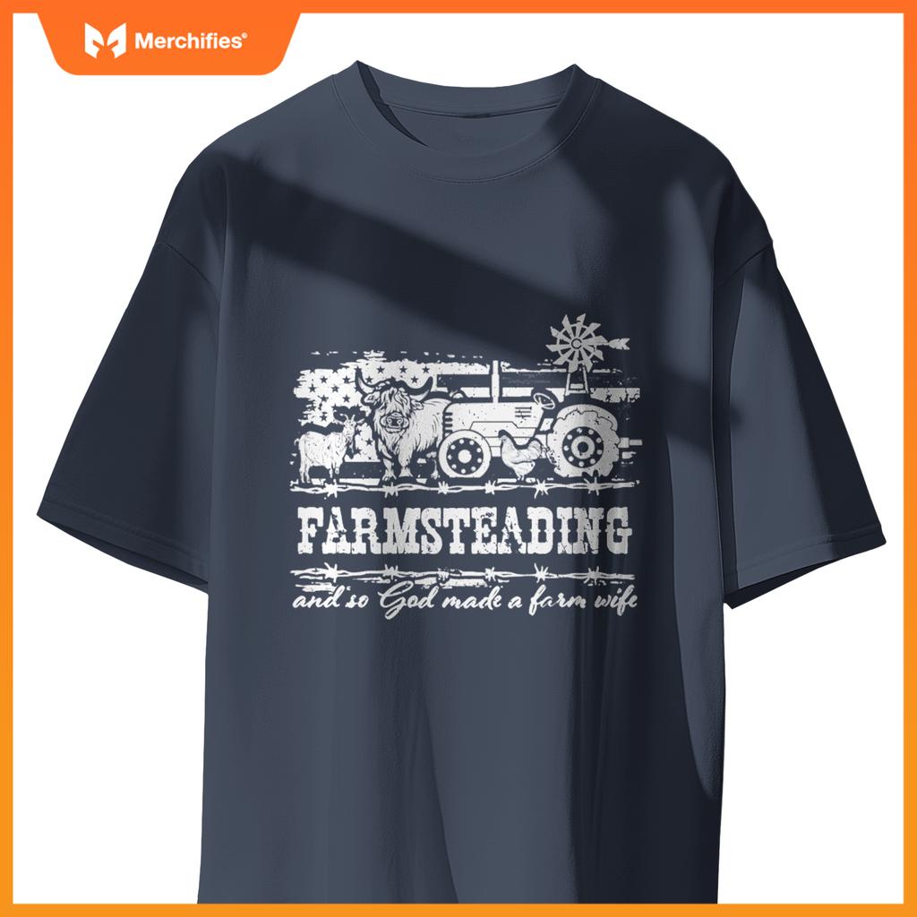 Farmsteading God Made a Farm Wife Farmer USA Flag Patriotic T-Shirt