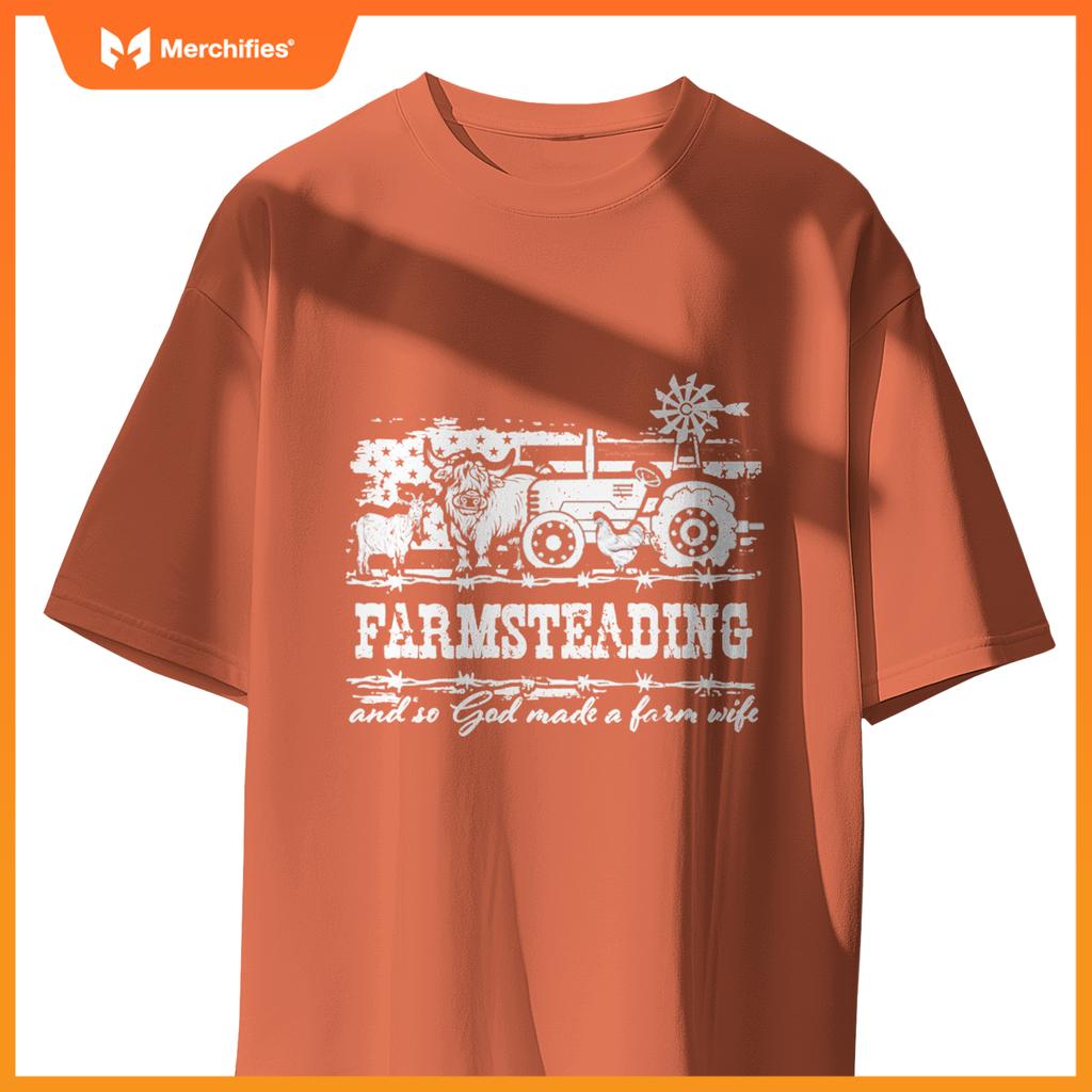 Farmsteading God Made a Farm Wife Farmer USA Flag Patriotic T-Shirt