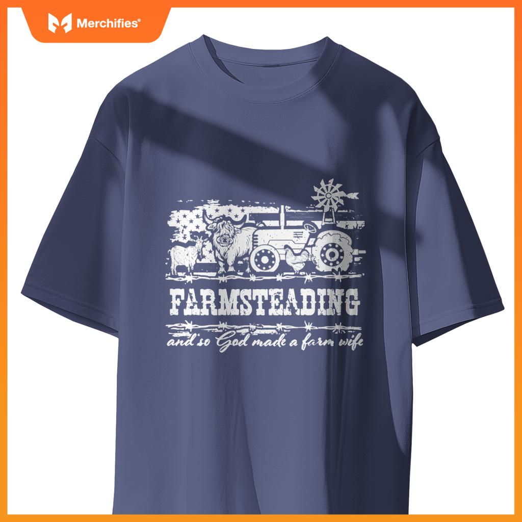 Farmsteading God Made a Farm Wife Farmer USA Flag Patriotic T-Shirt