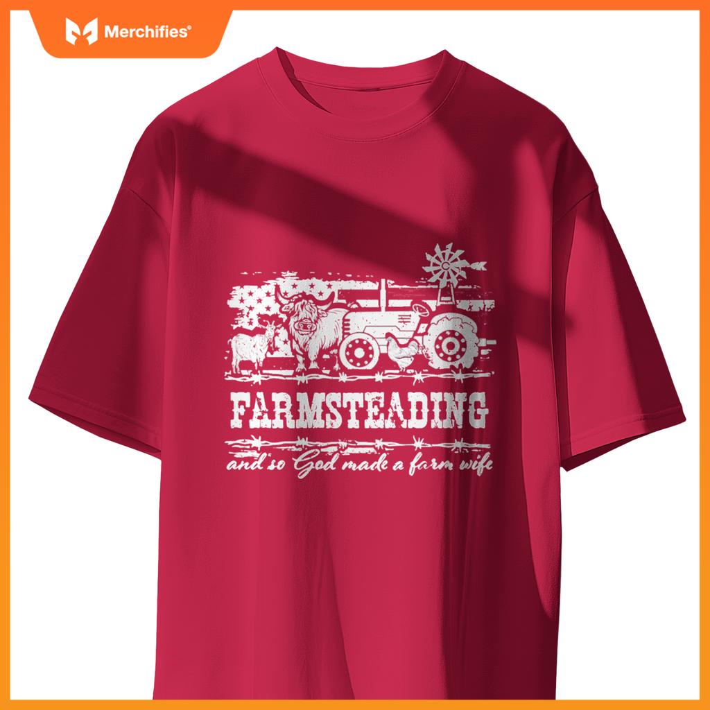 Farmsteading God Made a Farm Wife Farmer USA Flag Patriotic T-Shirt