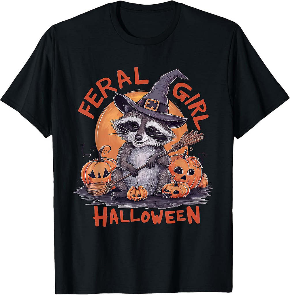 Feral Girl Halloween Spooky Witch Funny Raccoon Pumpkin T-Shirt