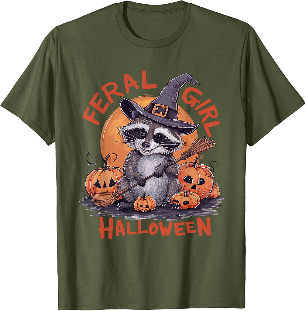 Feral Girl Halloween Spooky Witch Funny Raccoon Pumpkin T-Shirt