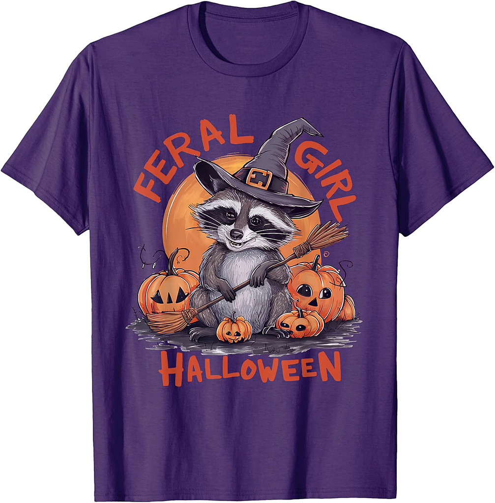 Feral Girl Halloween Spooky Witch Funny Raccoon Pumpkin T-Shirt
