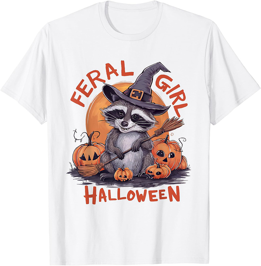 Feral Girl Halloween Spooky Witch Funny Raccoon Pumpkin T-Shirt