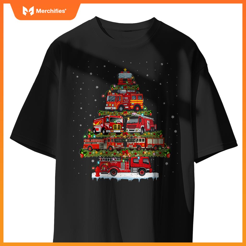 Fire Truck Xmas Lights Firefighter Fire Truck Christmas Tree T-Shirt