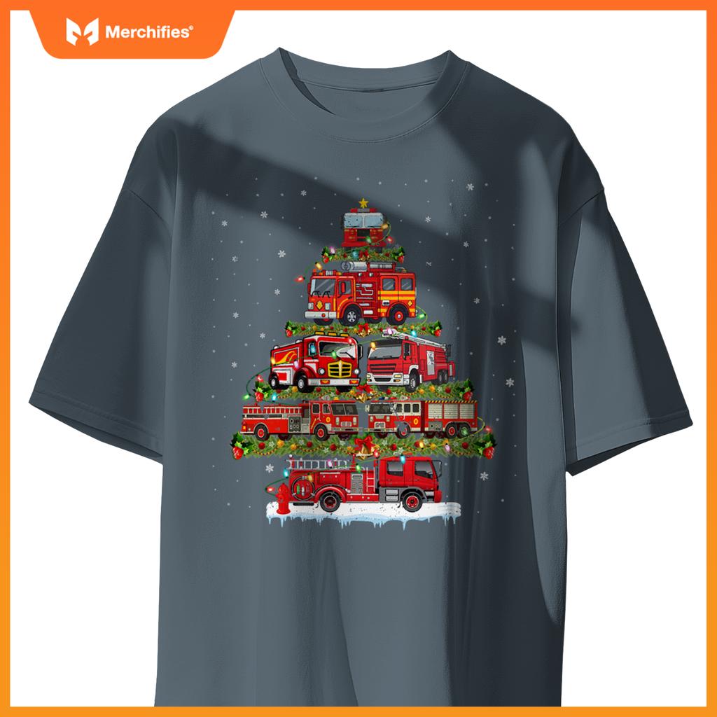 Fire Truck Xmas Lights Firefighter Fire Truck Christmas Tree T-Shirt