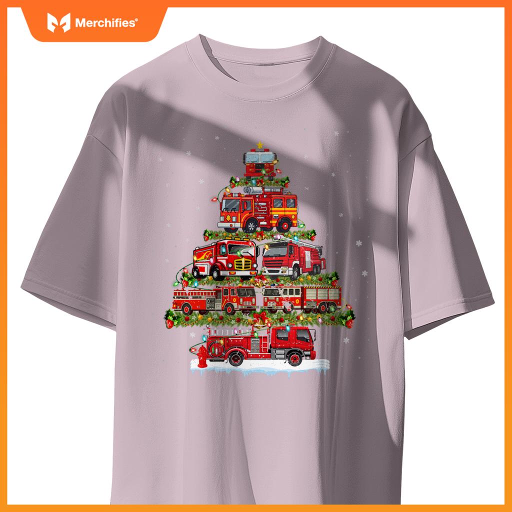 Fire Truck Xmas Lights Firefighter Fire Truck Christmas Tree T-Shirt