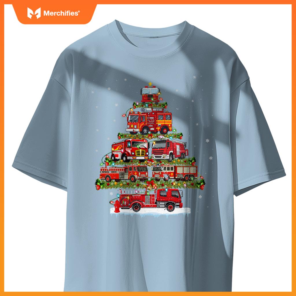 Fire Truck Xmas Lights Firefighter Fire Truck Christmas Tree T-Shirt