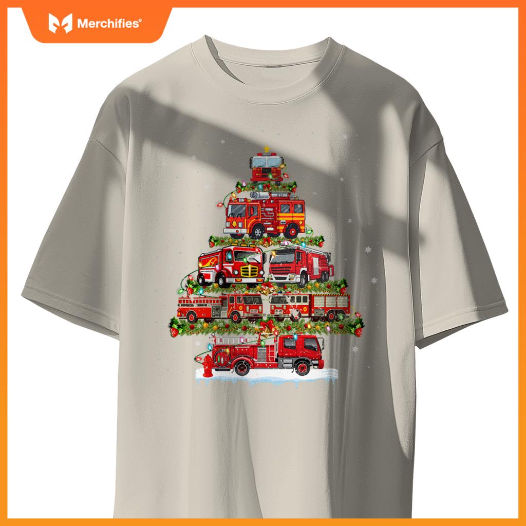 Fire Truck Xmas Lights Firefighter Fire Truck Christmas Tree T-Shirt