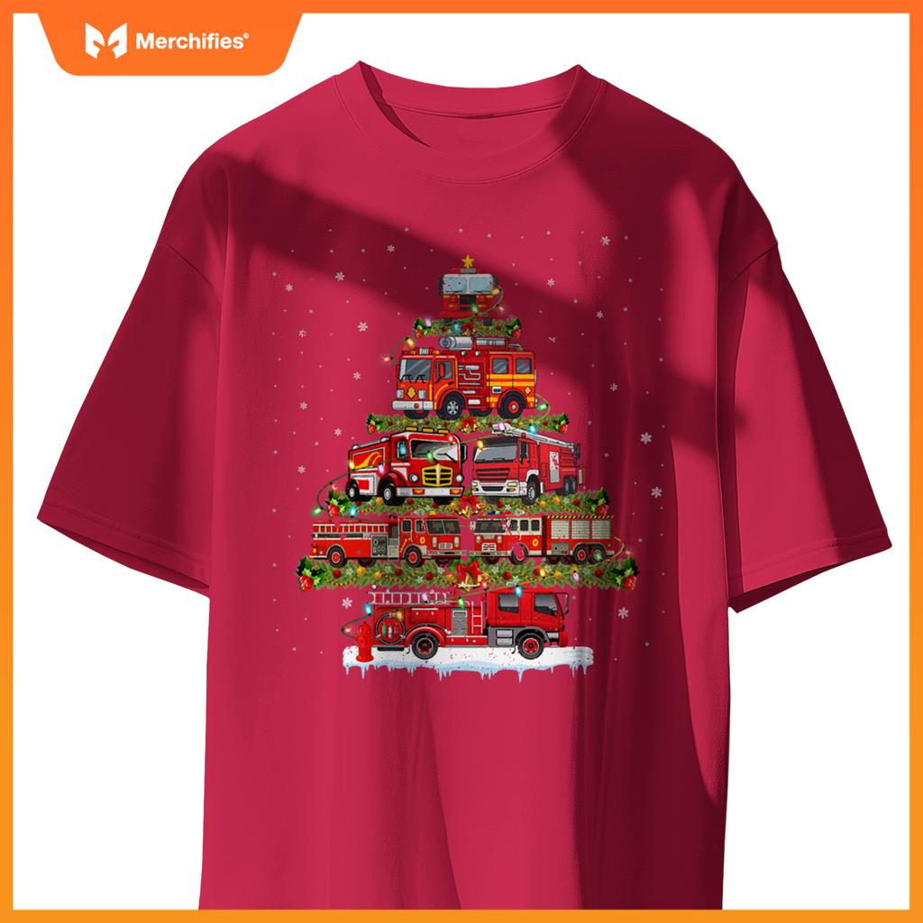 Fire Truck Xmas Lights Firefighter Fire Truck Christmas Tree T-Shirt