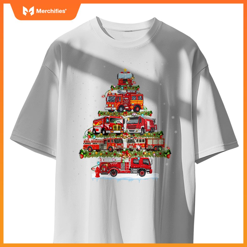 Fire Truck Xmas Lights Firefighter Fire Truck Christmas Tree T-Shirt