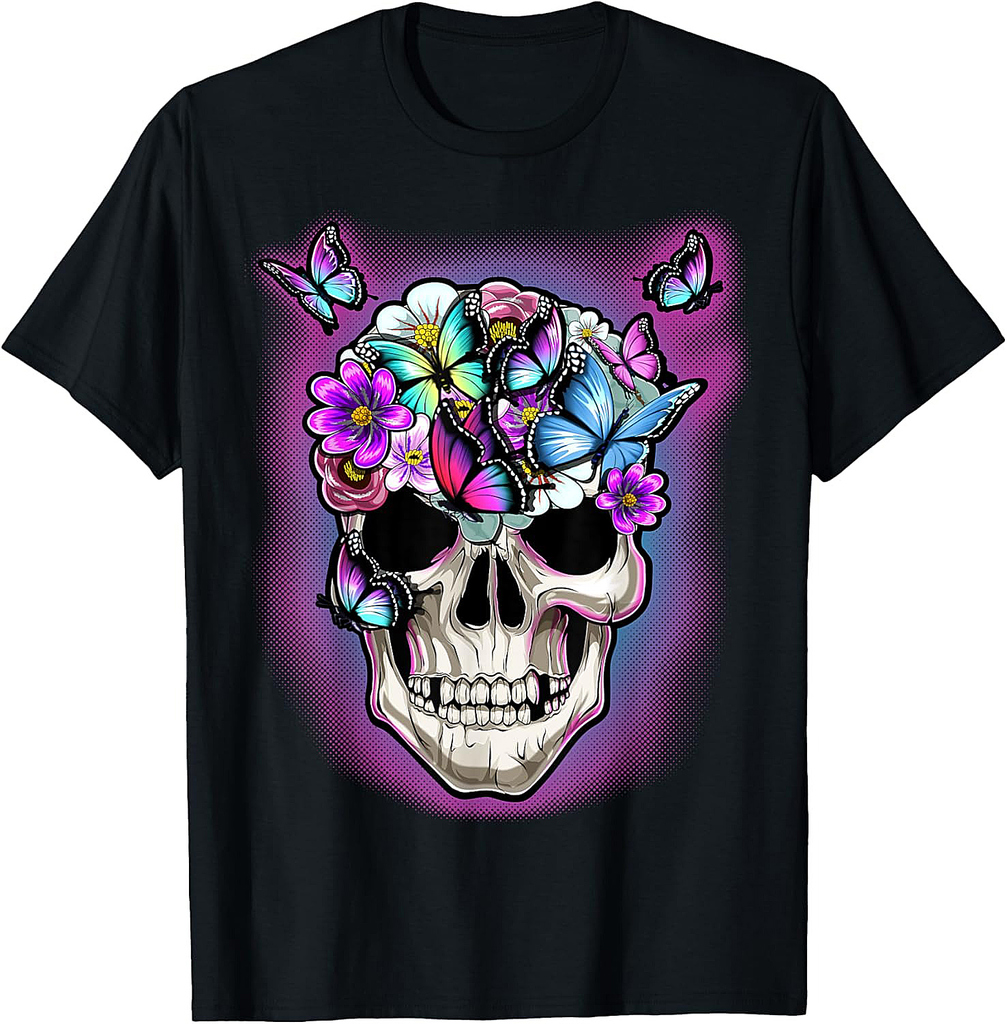 Floral Skull Halloween Butterfly Decor Gothic Costume Women T-Shirt