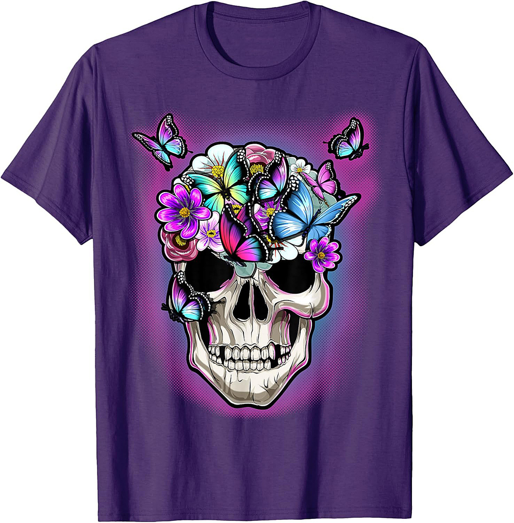 Floral Skull Halloween Butterfly Decor Gothic Costume Women T-Shirt