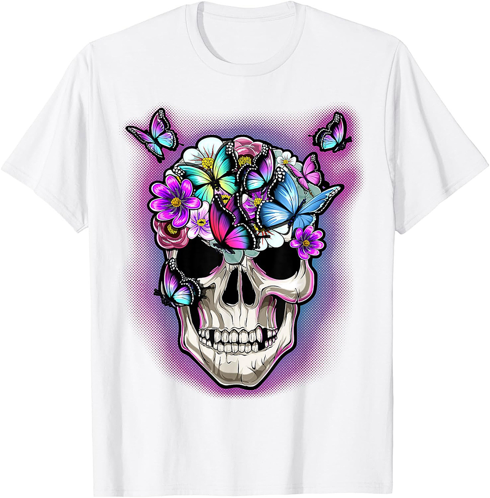 Floral Skull Halloween Butterfly Decor Gothic Costume Women T-Shirt