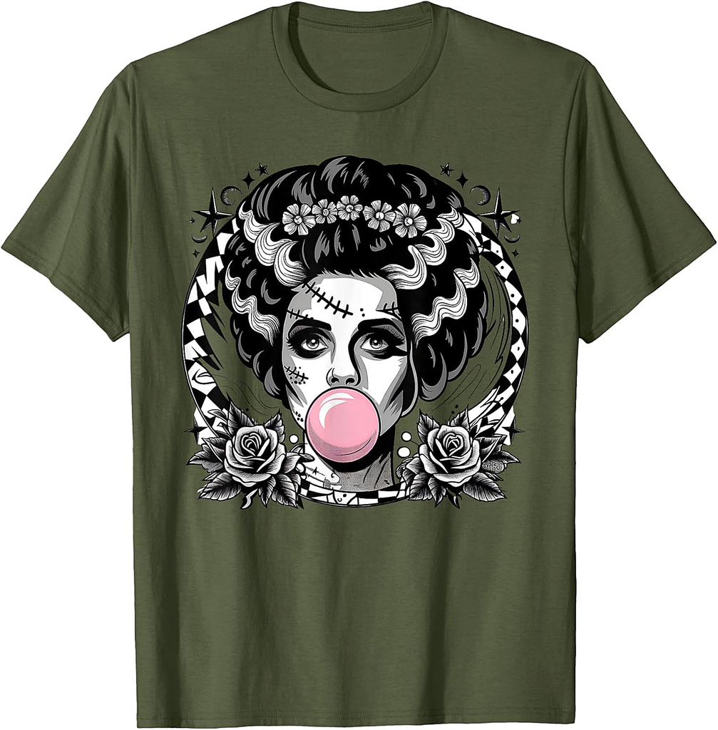 Frankenstein Monster And Bride Bubble Gum Funny Halloween T-Shirt