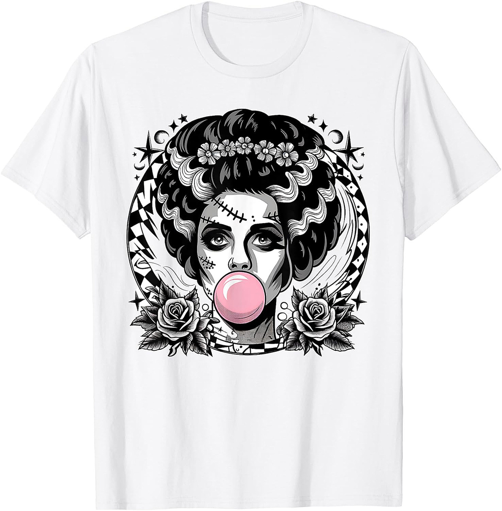Frankenstein Monster And Bride Bubble Gum Funny Halloween T-Shirt