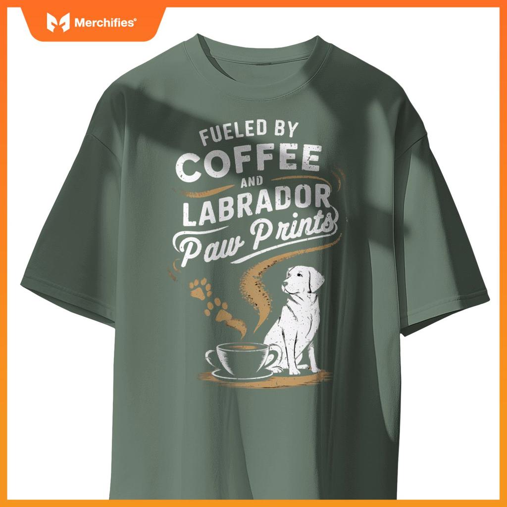 Fueled By Coffee And Lab Paw Prints Labrador Dogs and Coffee T-Shirt